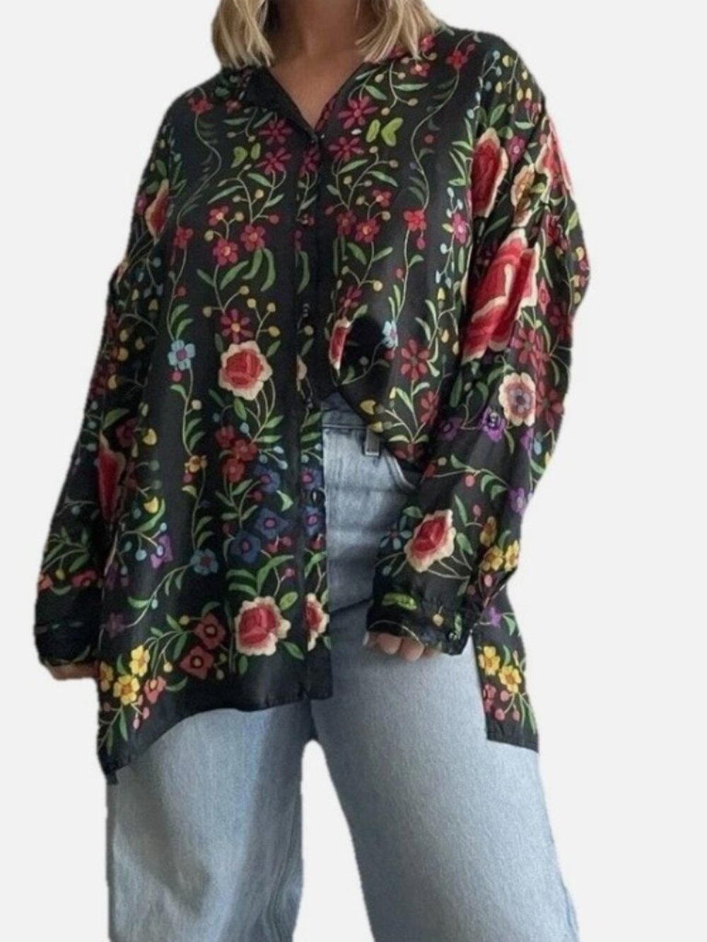 Johnny Was Floral Silk Blouse Black Long Sleeve Boho Button Up Women Sz PL